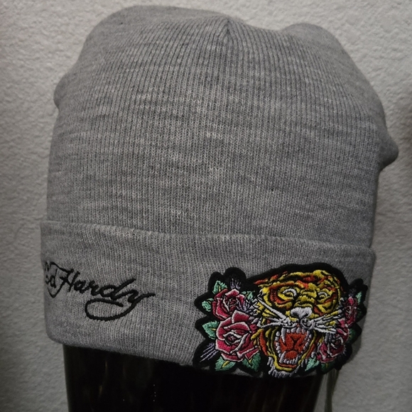 Ed Hardy Gray Beanie with Tiger and Rose Embroidery - Picture 5 of 5